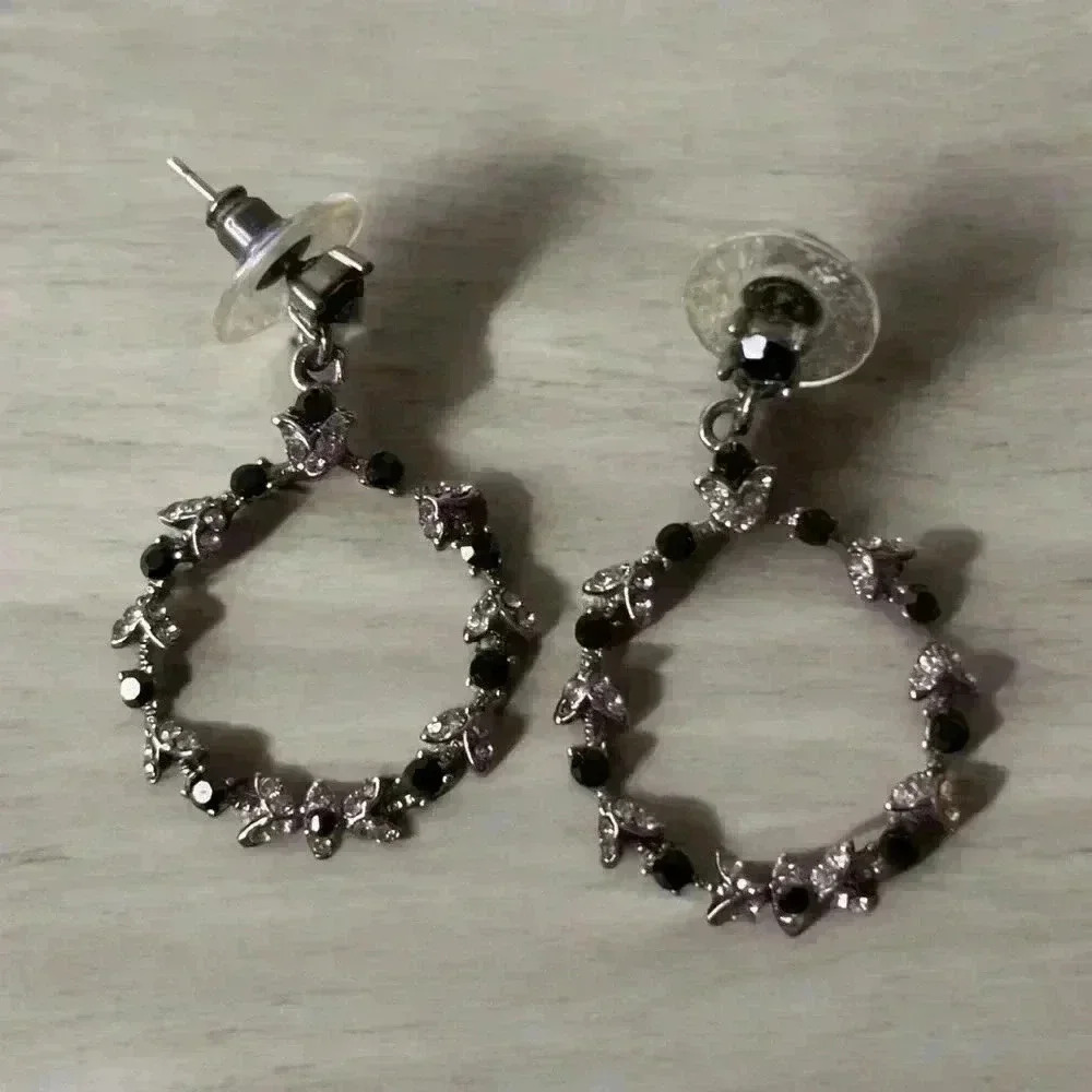 Black Stone and Rhinestones Dangle Screw Back Earrings